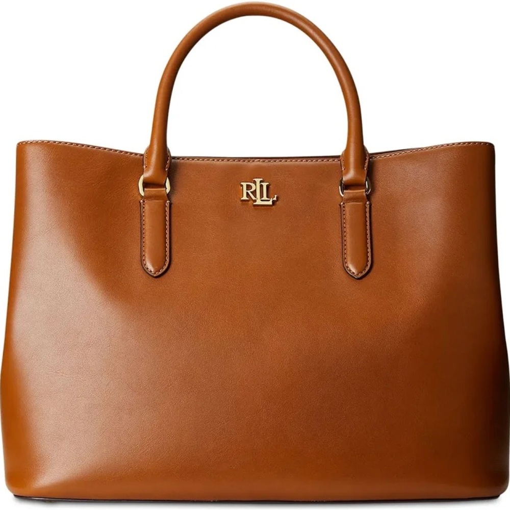 Ralph Lauren Cognac Leather Tote with Gold RLL Emblem